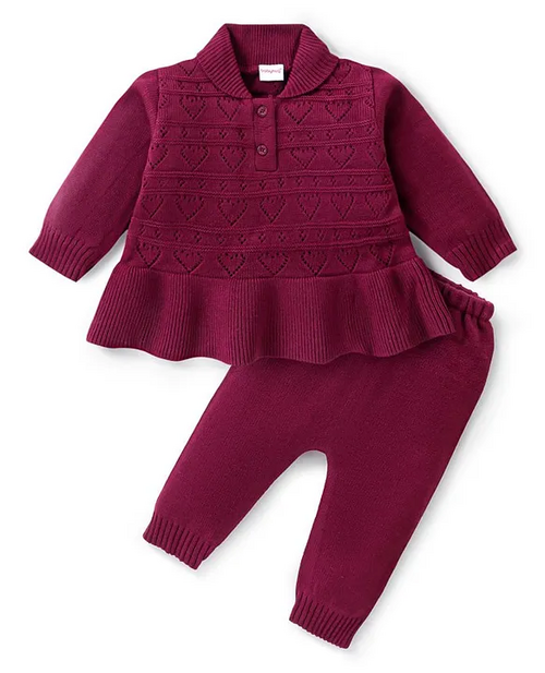 Knitted Full Sleeves Sweater Set With Schiffli Design-PURPLE
