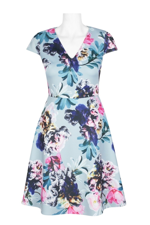 Adrianna Papell V-Neck Cap Sleeve A-Line Zipper Back Floral Print