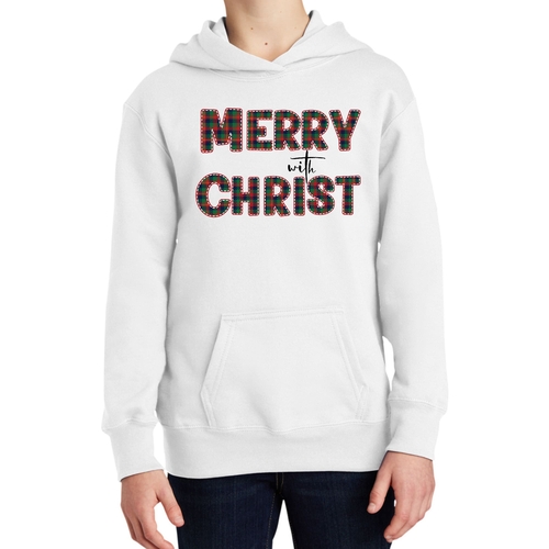 Youth Long Sleeve Hoodie Merry with Christ - Red and Green Plaid