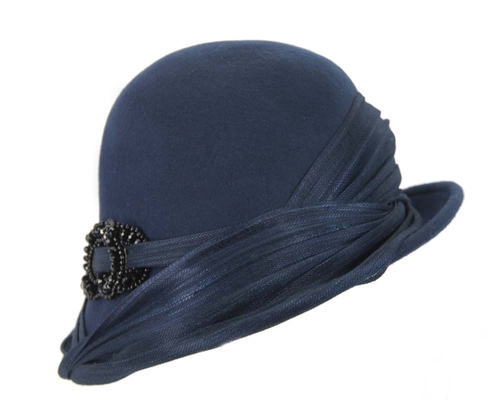 Navy felt draped cloche hat