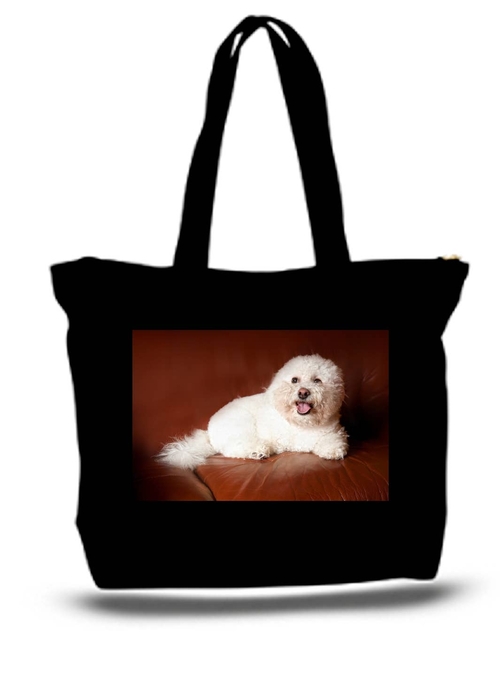 A Bichon Frise Dog Sitting On Brown Leather Chair Large Tote