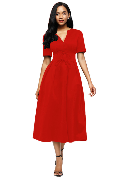 Red Split Neck Short Sleeve Midi Dress with Bowknots