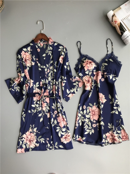 Women Robe & Gown Sets Flower Satin Sleepwear
