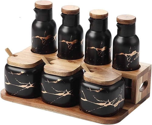 Ceramic Oil & Vinegar Dispenser Bottle and 3pcs Spices Set