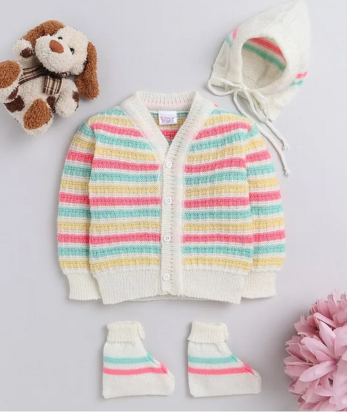 3 Pcs Full Sleeves Sweater Set V-Neck Striped Cardigan, Cap and Socks