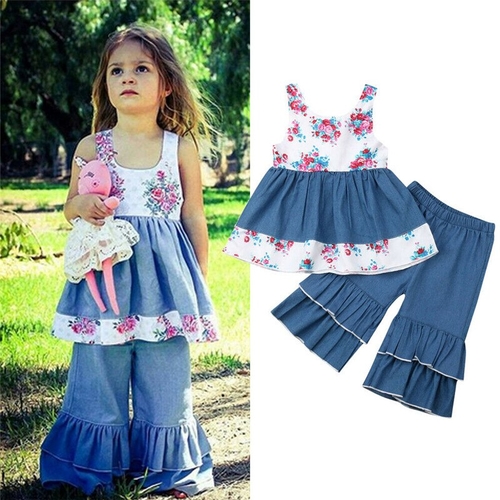 Princess Kids Baby Girls Denim Clothes Sets 2Pcs