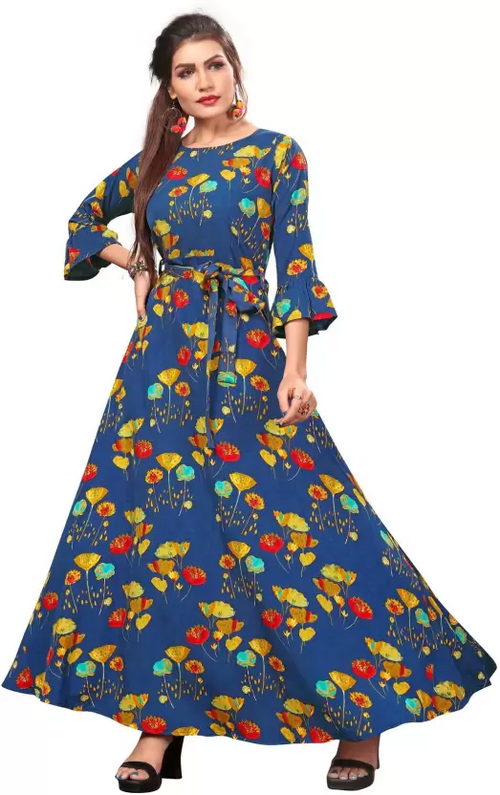 Women's Printed Crepe Stitched Anarkali Gown (Dark Blue) (Size M)