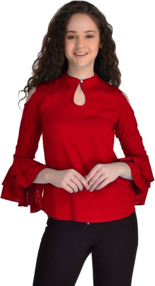 Casual Bell Sleeves Solid Women (Size-S) MAROON)