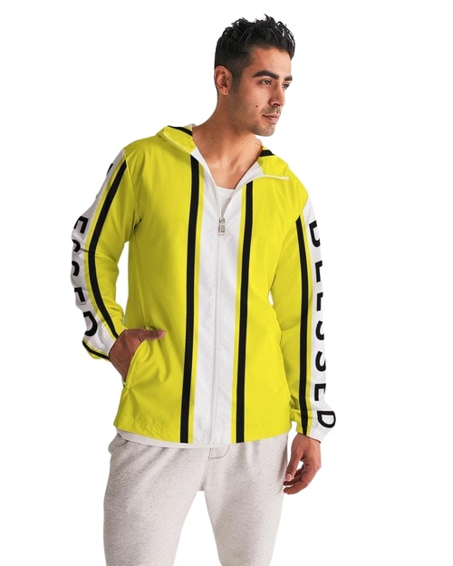 Mens Hooded Windbreaker - Blessed Sleeve Stripe Yellow Water Resistant