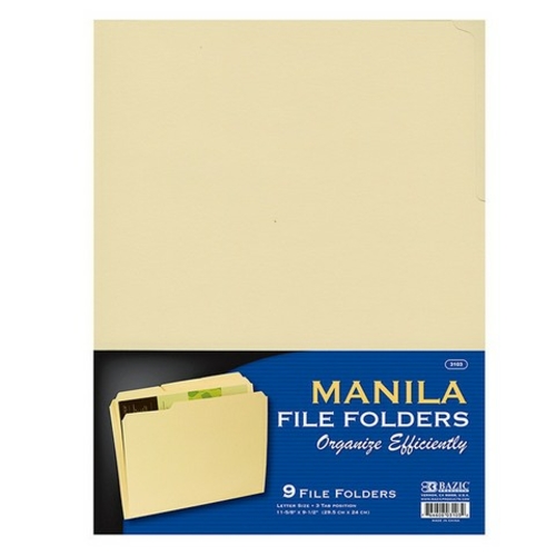 Bazic 3103  1/3 Cut Letter Size Manila File Folder (9/Pack)  Case of 4