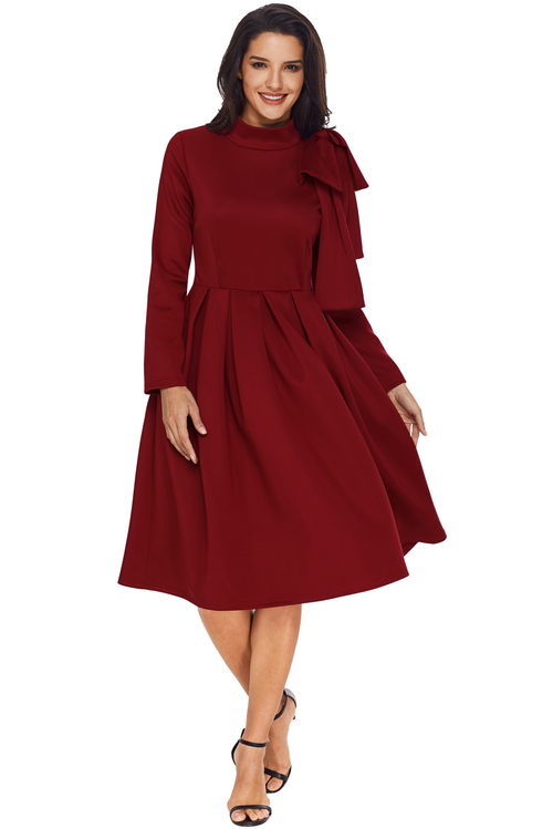 Burgundy Bowknot Embellished Mock Neck Pocket Dress