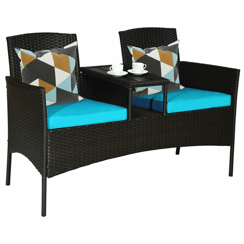 Outdoor 2-Seater Cushioned Rattan Chair with Middle Tea Table