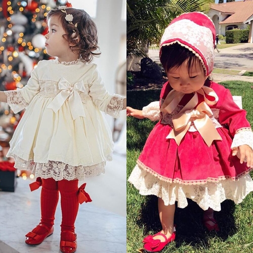 Kids Baby Girls Xmas Dress Flared Sleeve Lace