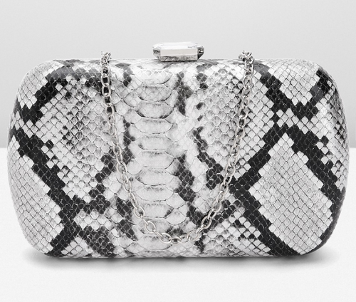 Women Grey and Black Snake Skin Printed Box Clutch