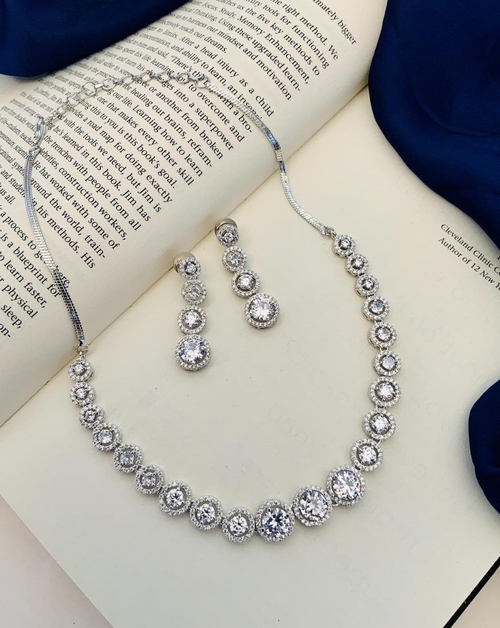 Round Silver Plated American Diamond Necklace Set