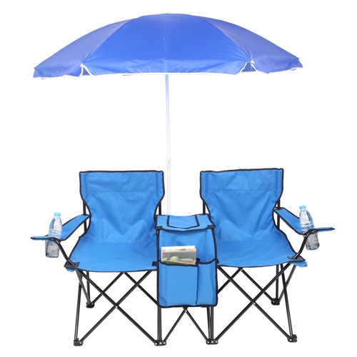 Portable Outdoor 2-Seat Folding Chair with Removable Sun Umbrella 