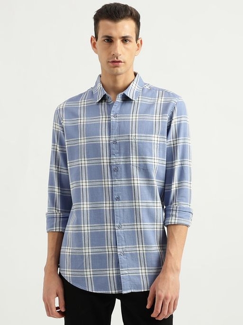 Men's Slim Fit Spread Collar Checked Shirt (Size-S)(Color-BLUE)