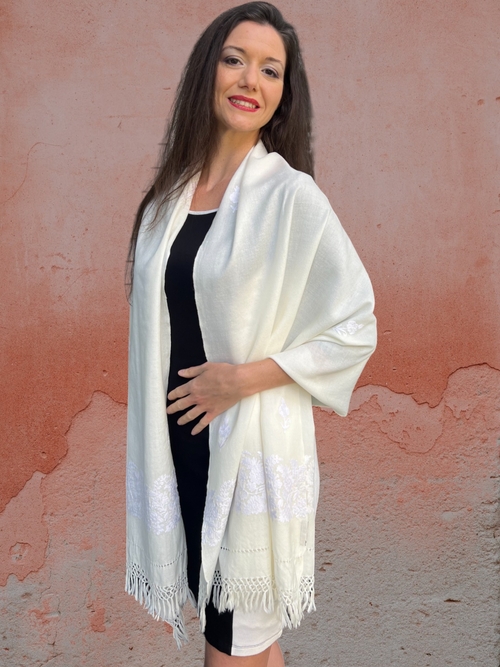 Main Ivory Embroidered Wool Wrap image