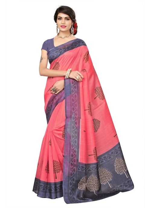 Pink Color Printed Bhagalpuri Silk Saree With