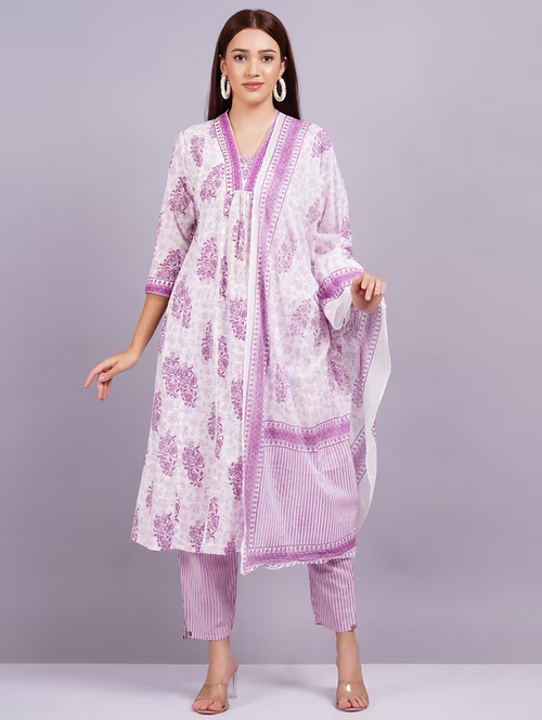 Women Purple Floral Three Quarter Sleeve Suit Set (Size-M)