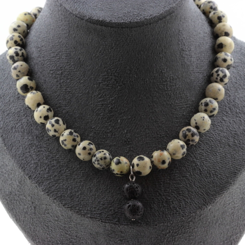 Necklace with Dalmatian Jasper beads 8 mm + 2 Lava beads 8 mm.