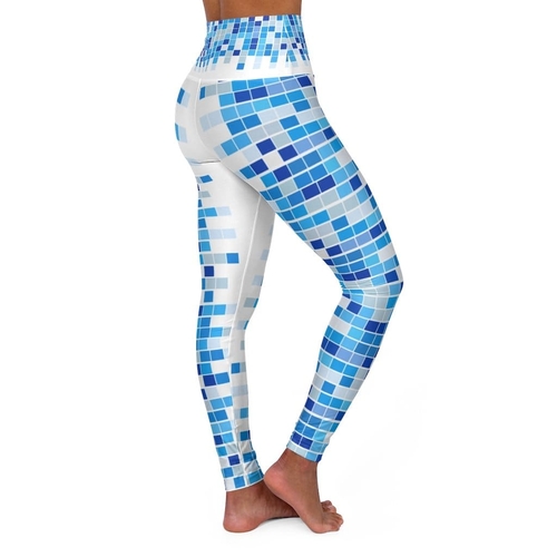 High Waisted Yoga Leggings - Blue and White Mosaic Square Style Pants
