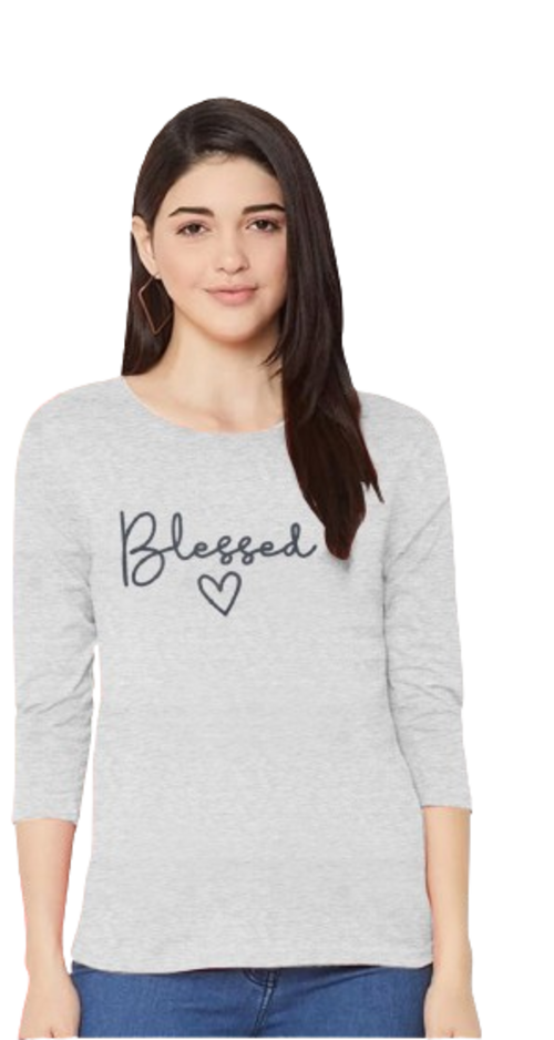 Women's Grey Round Neck 3/4 Sleeves Tshirt Size S