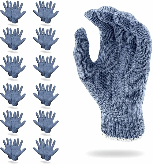 12 Pack Gray Knit Gloves 9" M Size. Cotton Polyester Gloves. Washable