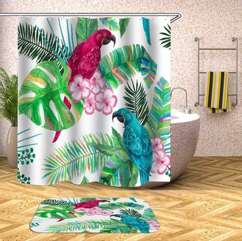 Colorful Parrot And Tropical Leaves Shower Curtain