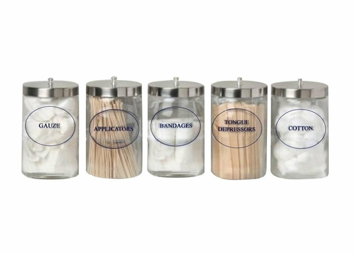 Pack of 5 Flint Glass Dressing Jars 7” x 4 1/4". Clear Blue Imprint