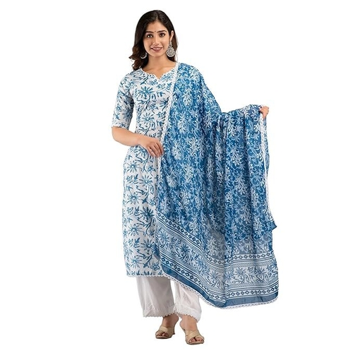 Women's Blue Flowar Printed Straight Kurta Allover lace Detailed Comes