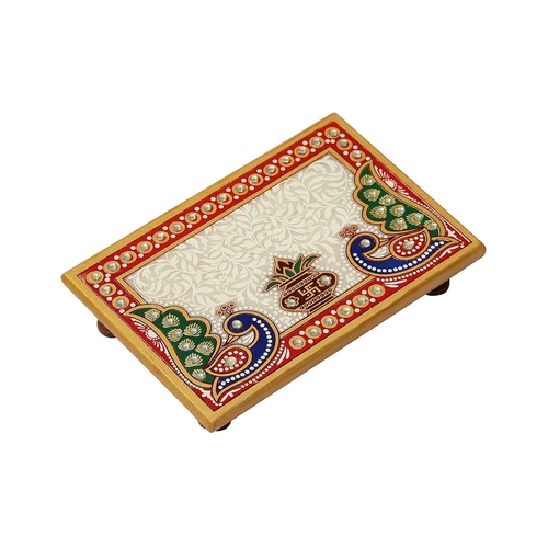 Peacock and Kalash Designed Rectangle Shape Marble Pooja Chowki