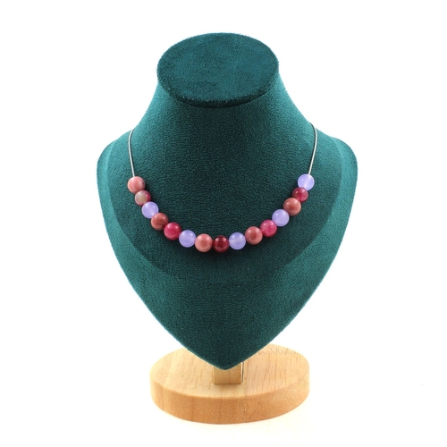 Rhodonite + Tourmaline + Chalcedony 8 mm 15 beads necklace.