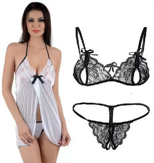 Women's Bra & Panty Set Self Design Silver, Black Lingerie Set (Size