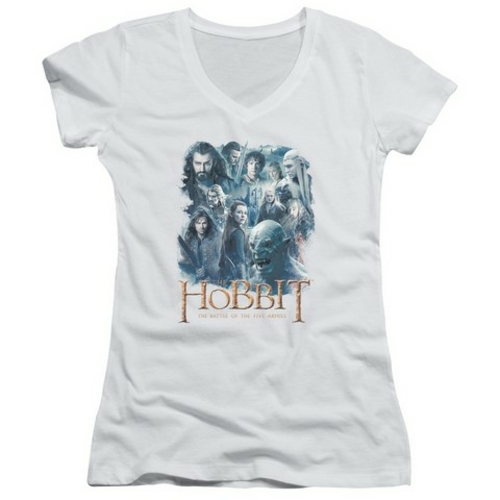 Trevco Hobbit-Main Characters Junior V-Neck Tee- White - Small