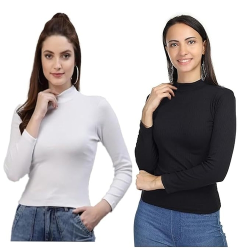 MULTICOLOR High Turtle Neck Fullsleeve Ribbed Tops for Women SIZE S