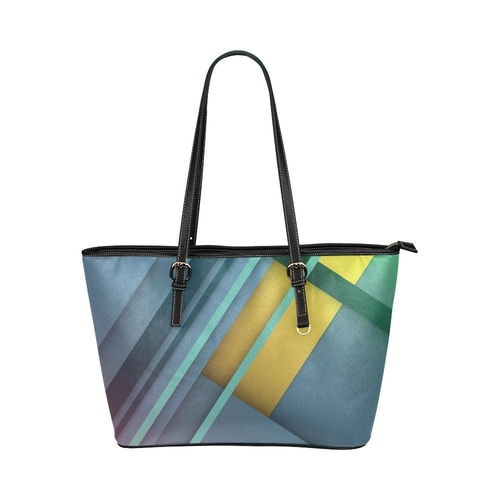 Large Leather Tote Shoulder Bag - Blue Abstract Illustration