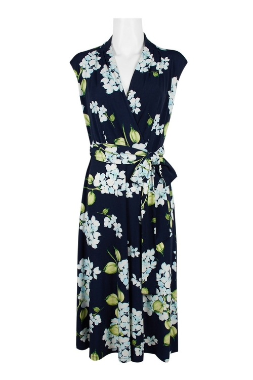 London Times V-Neck Sleeveless Tie Side Zipper Back Floral Print