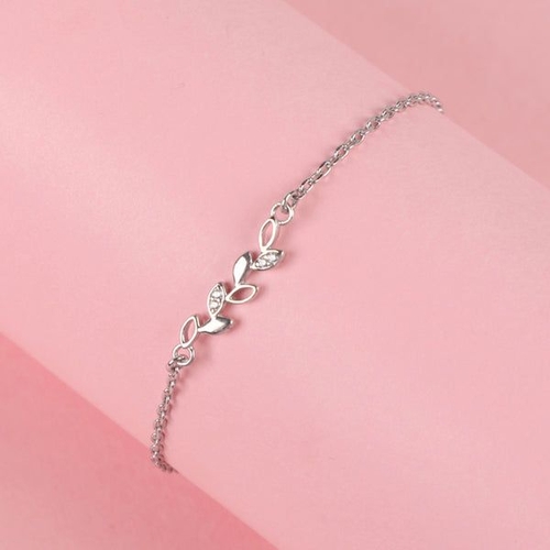 Sterling Silver Leaf Bracelet Adjustable, Rhodium Plated