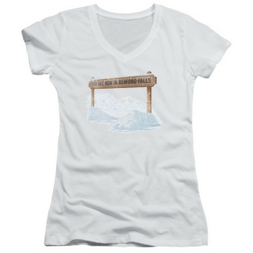 Trevco It Is A Wonderful Life-Bedford Falls Junior V-Neck Tee, Whi