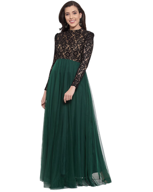 Lace Fit and Flare Dress  (Size-XS) (Color-BLACK&GREEN)