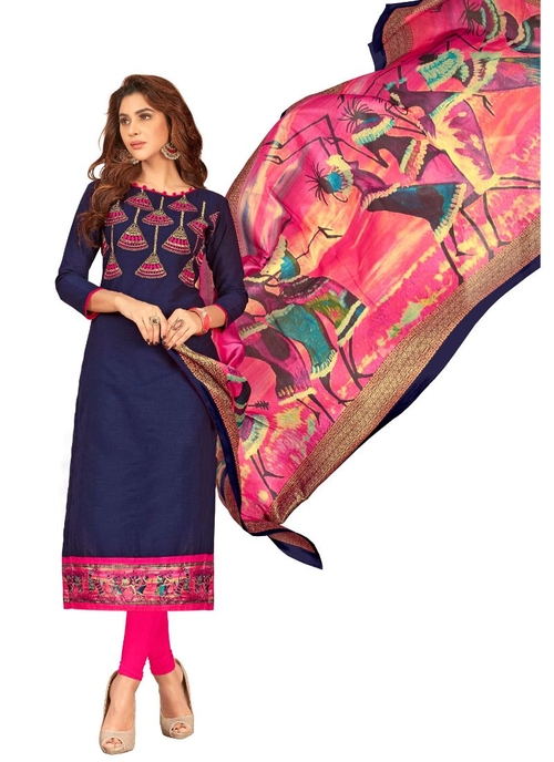 Generic Women's SLUB COTTON Salwar Material (BLUE,