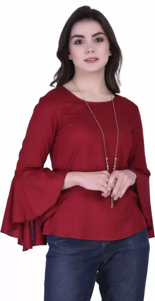 Bell Sleeves Solid Women Top (Size-L) RED)