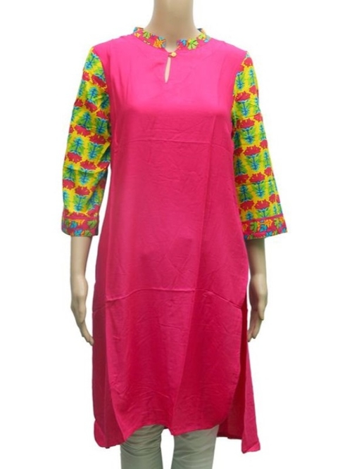 Pink Solid Chinese Collar Kurti For Women