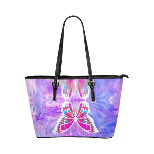 Large Leather Tote Shoulder Bag - Purple and Black Gradient Butterfly 