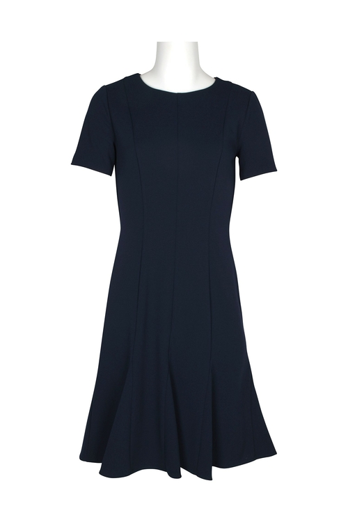 London Times Crew Neck Short Sleeve Zipper Back Solid Crepe Dress