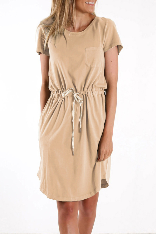 Khaki Pocketed Drawstring Waist Mini Dress