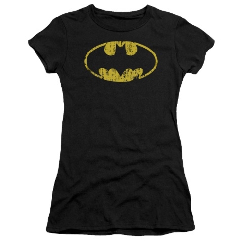 Batman-Classic Logo Distressed - Short Sleeve Junior Sheer Tee - Black