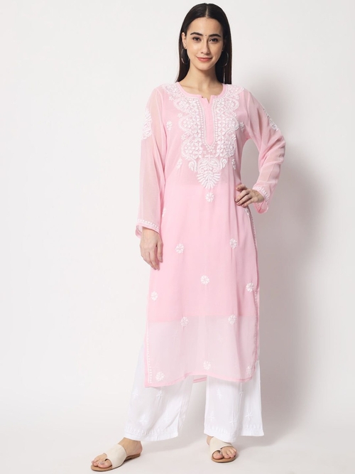 Hand Embroidered Georgette Straight Kurta Third Fourth Sleeve (Size-S)