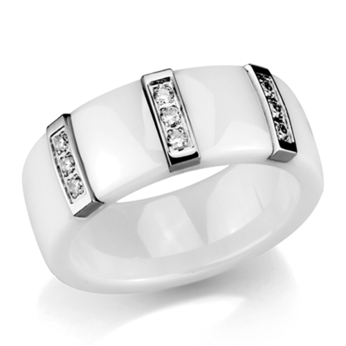 Women High Polished Stainless Steel Ring with Ceramic in White - Size 